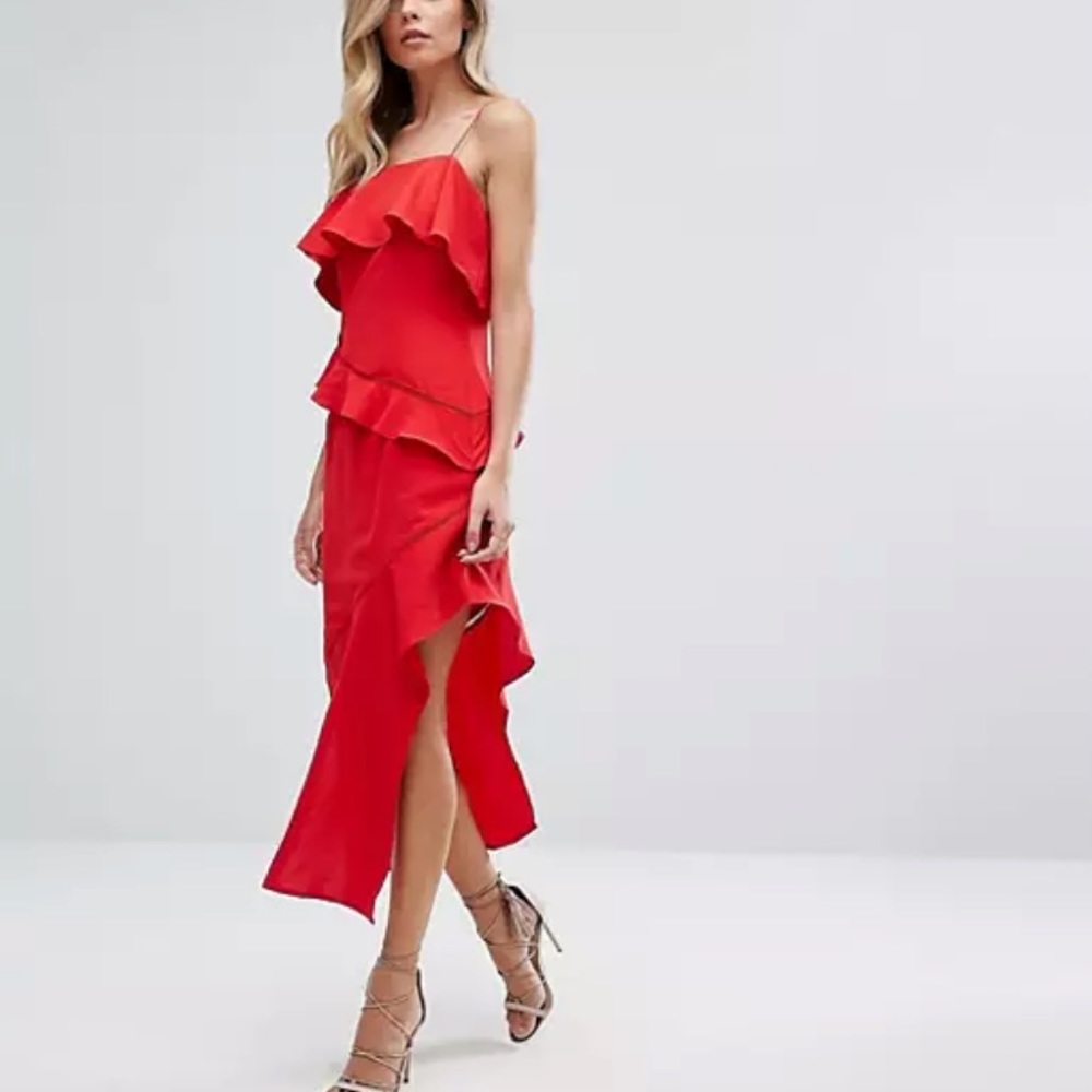 Red ruffle midi dress